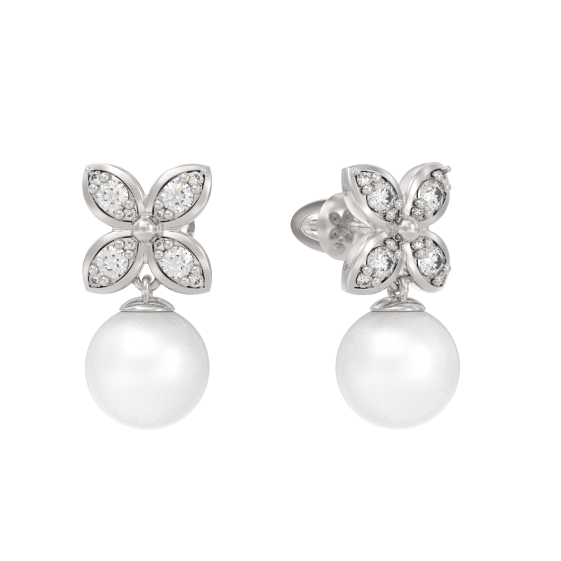 Пуссеты из серебра с камнем Жемчуг, Фианит фото, цены