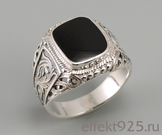Печатка из серебра с камнем Обсидиан фото, цены