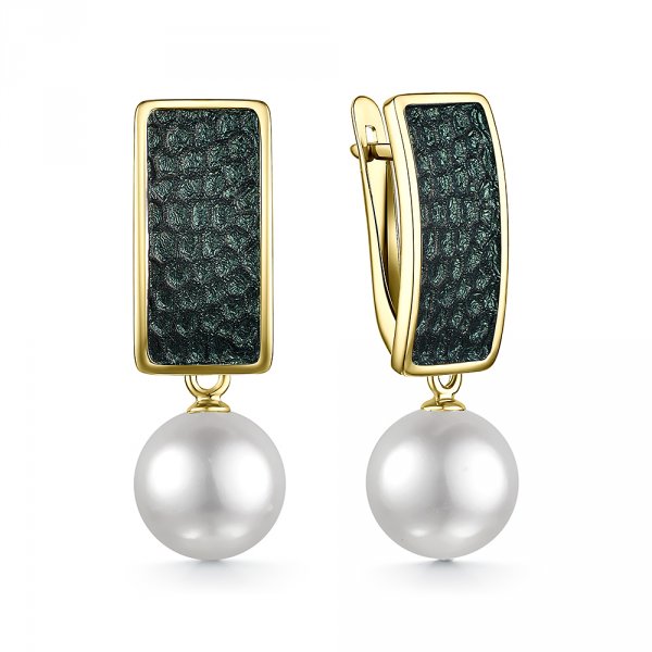 Серьги из серебра с камнем Жемчуг, вставками эмали фото, цены