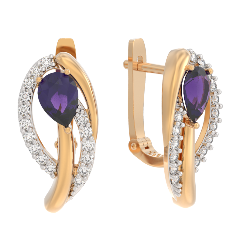 Серьги из золота с камнем аметист, Фианит фото, цены