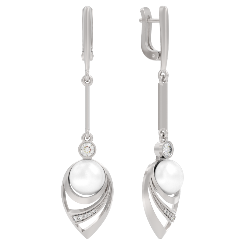 Серьги из серебра с камнем Жемчуг, Фианит фото, цены