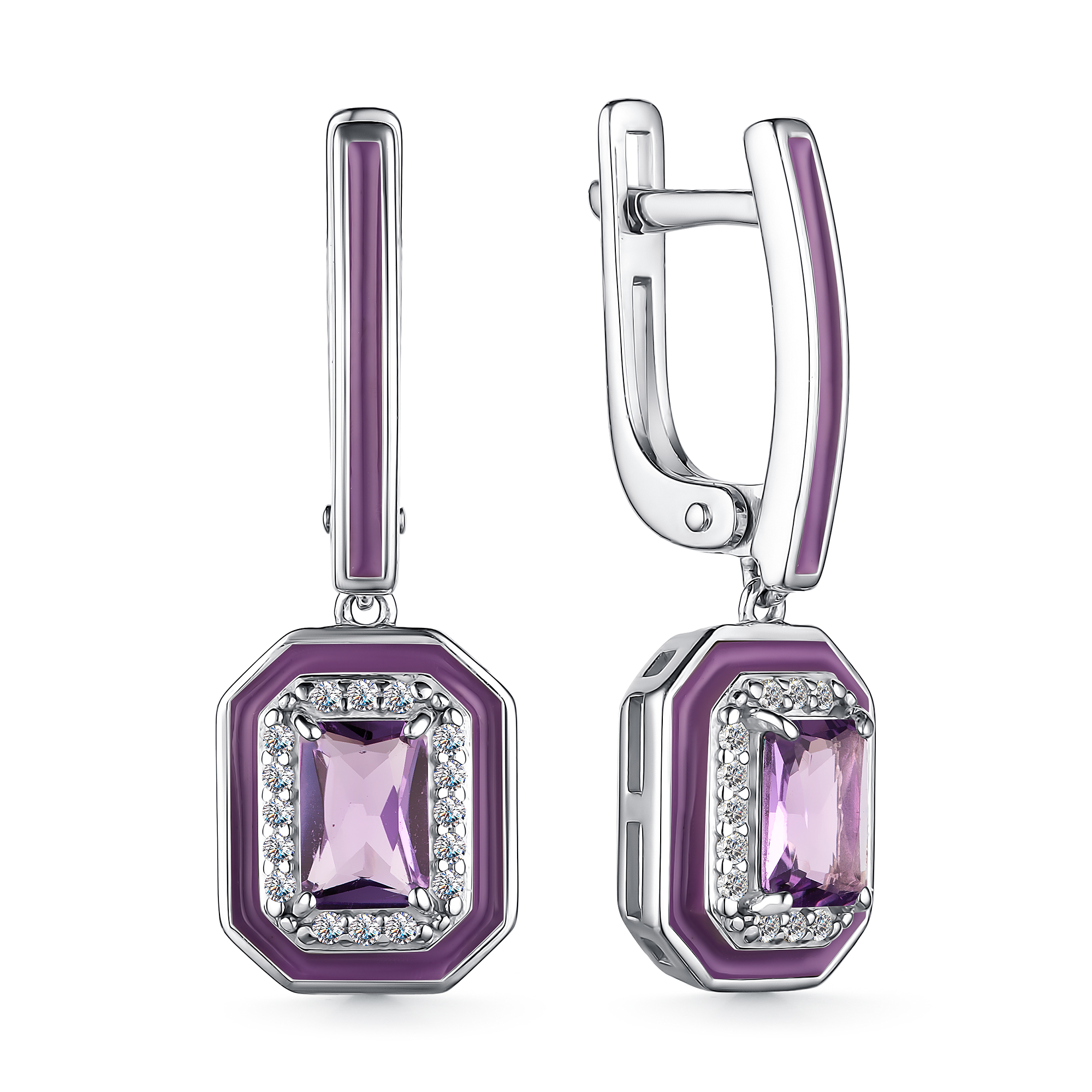 Серьги из серебра с камнем аметист, Фианит, вставками эмали фото, цены