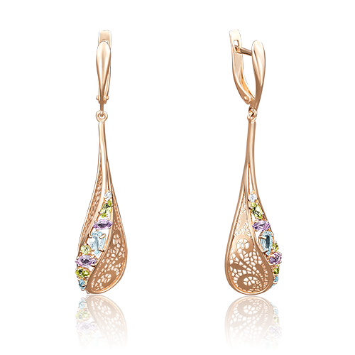 Серьги из золота с камнем Топаз, аметист, Хризолит, Фианит фото, цены