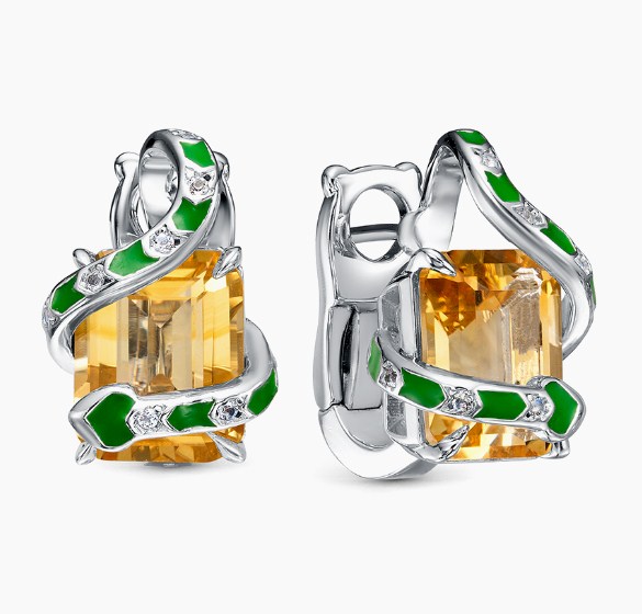 Серьги из серебра с камнем Топаз, Цитрин, вставками эмали фото, цены