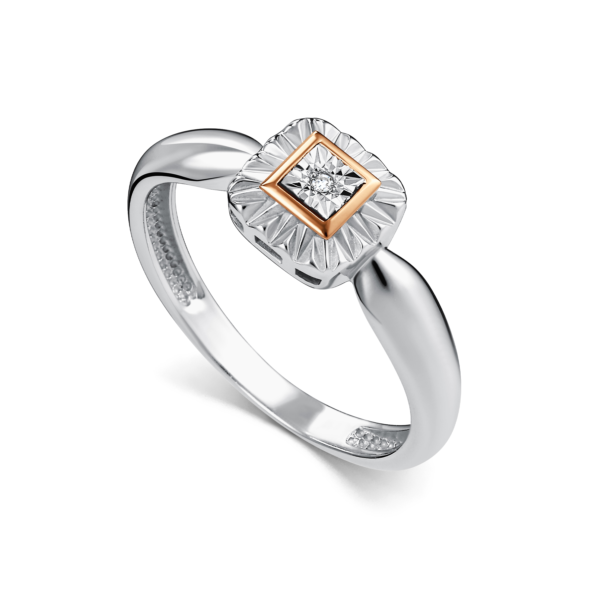 Кольцо из серебра с камнем Бриллиант, вставками золота фото, цены