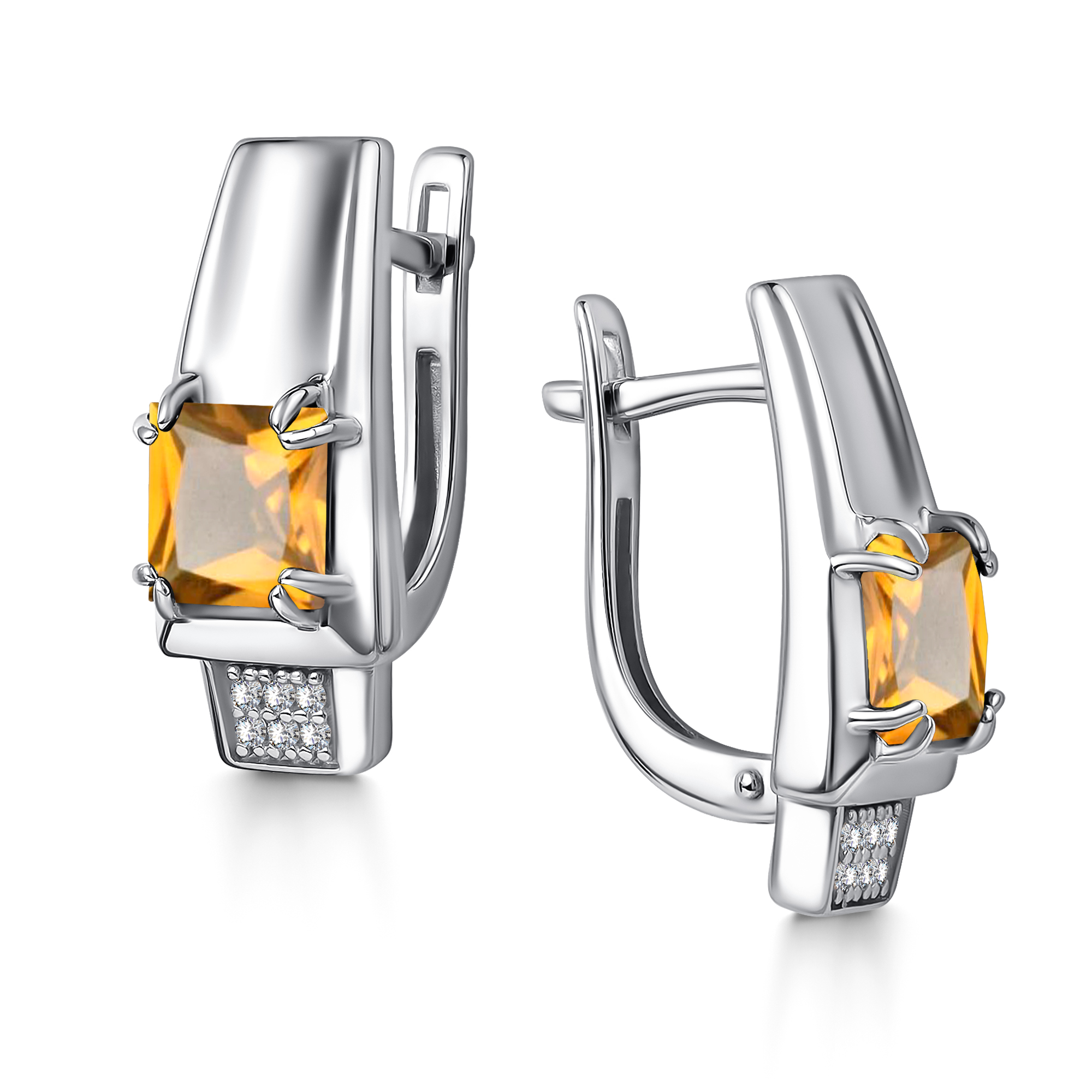 Серьги из серебра с камнем Цитрин, Фианит фото, цены
