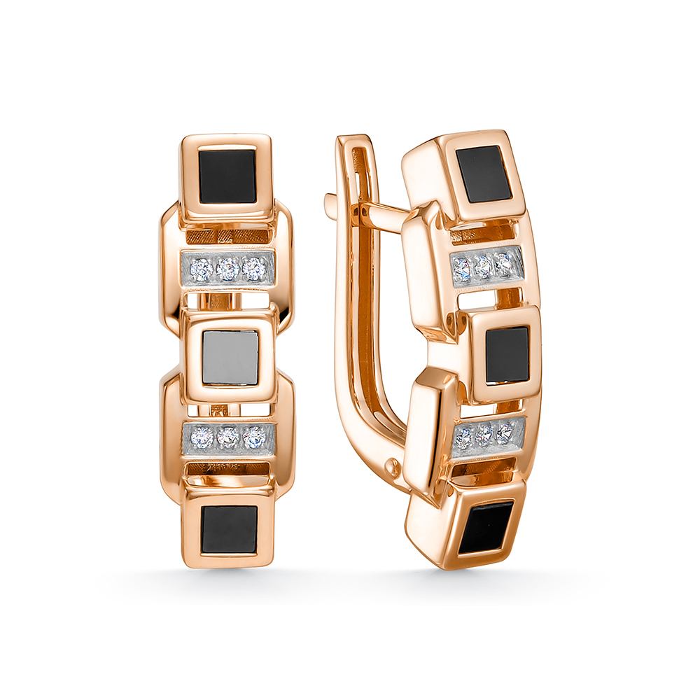 Серьги из золота с камнем Фианит, Оникс фото, цены