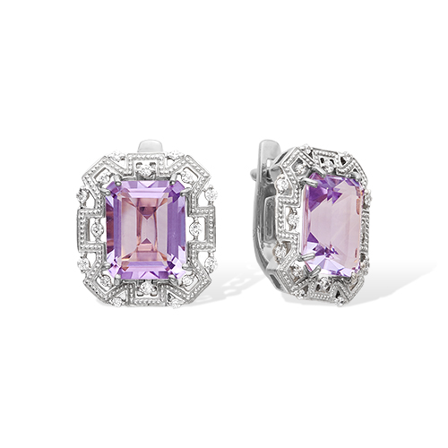 Серьги из серебра с камнем аметист, Фианит фото, цены