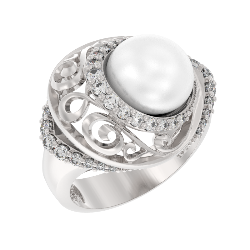 Кольцо из серебра с камнем Жемчуг, Фианит фото, цены