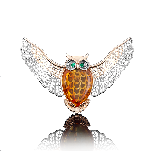 Брошь из золота с камнем Фианит, Янтарь фото, цены