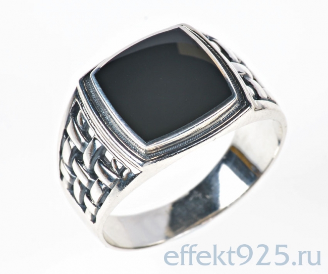 Печатка из серебра с камнем Обсидиан фото, цены