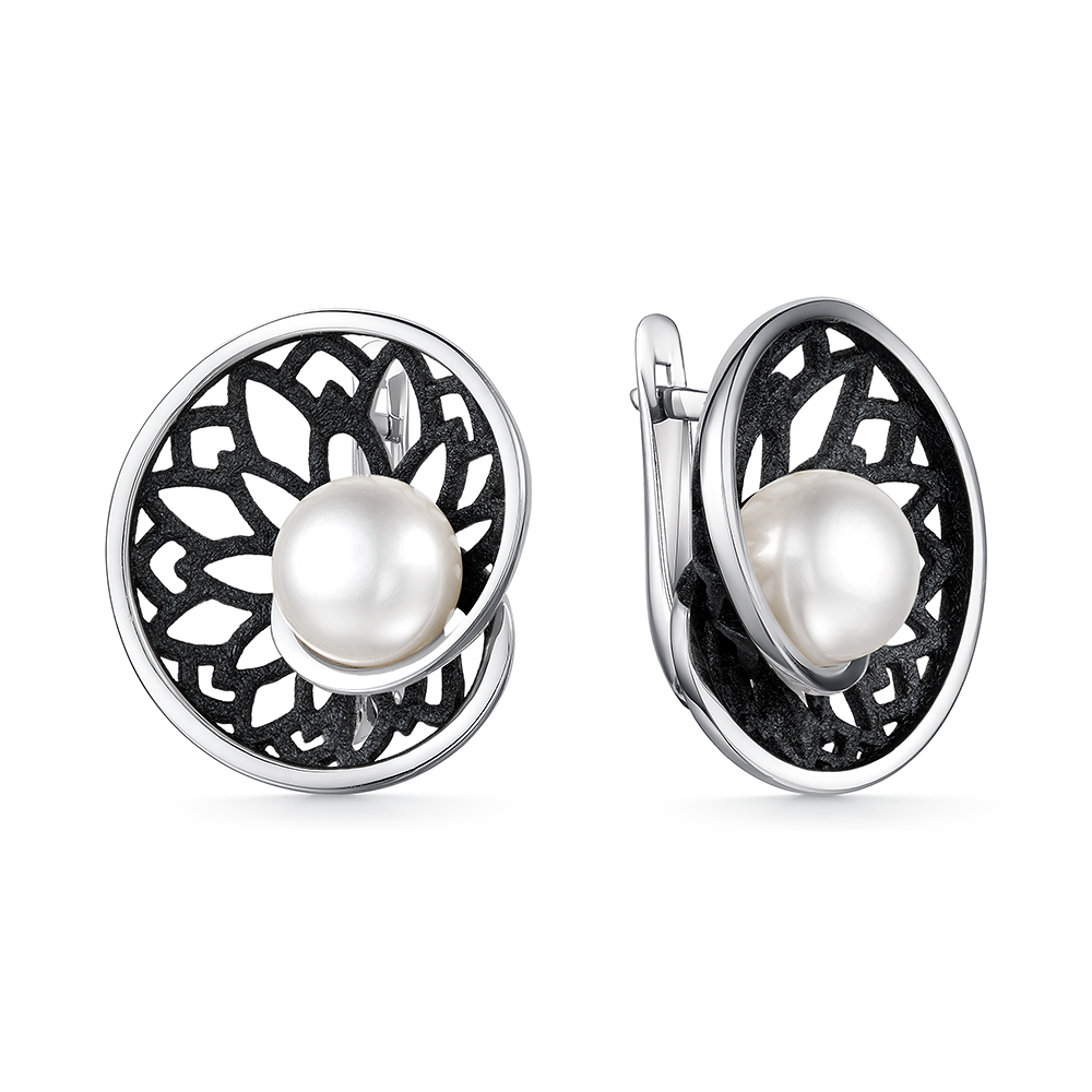 Серьги из серебра с камнем Жемчуг, вставками эмали фото, цены