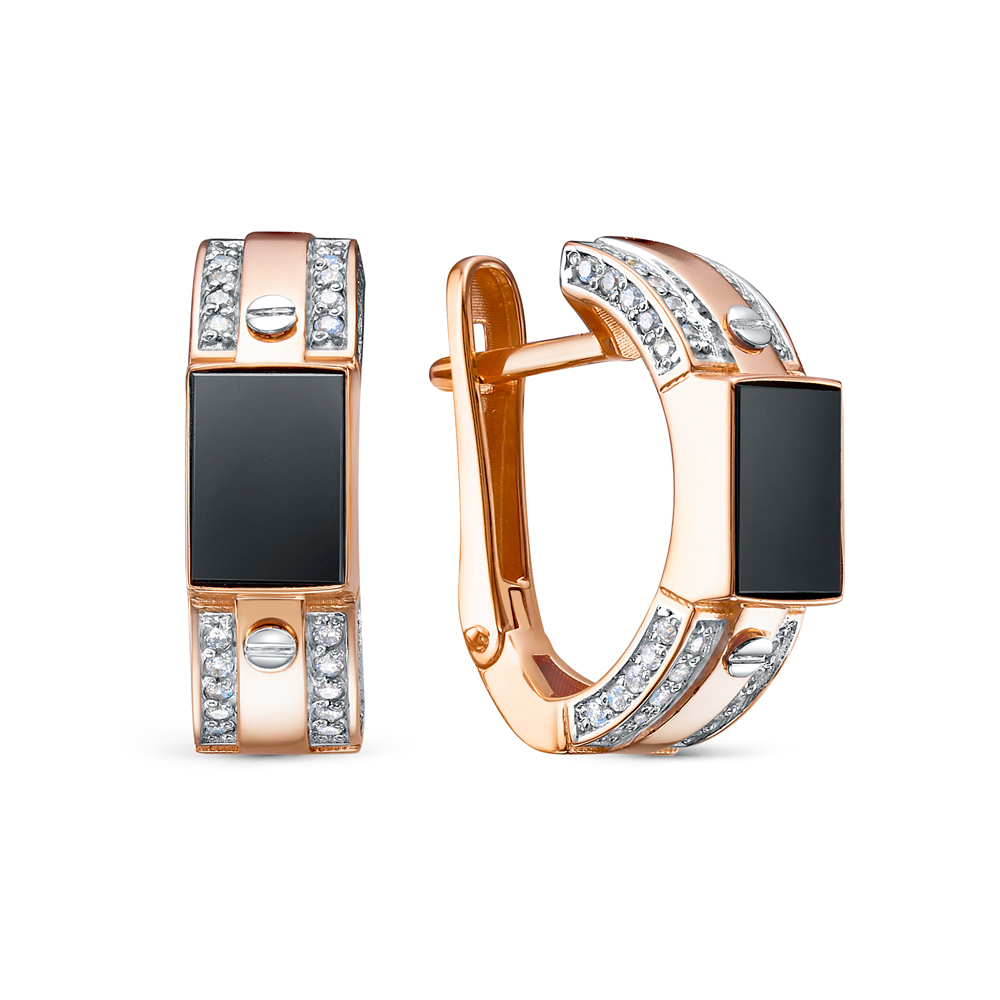 Серьги из золота с камнем Фианит, Оникс фото, цены