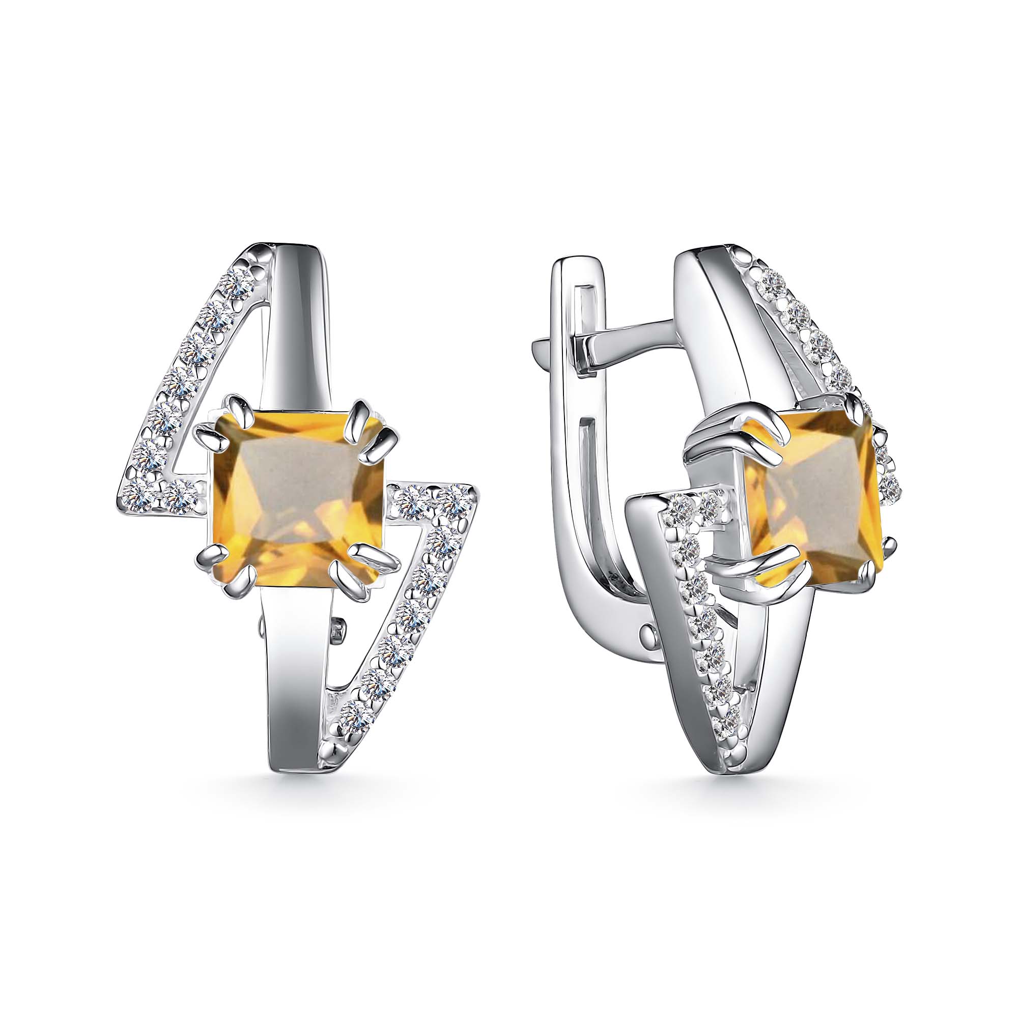 Серьги из серебра с камнем Цитрин, Фианит фото, цены