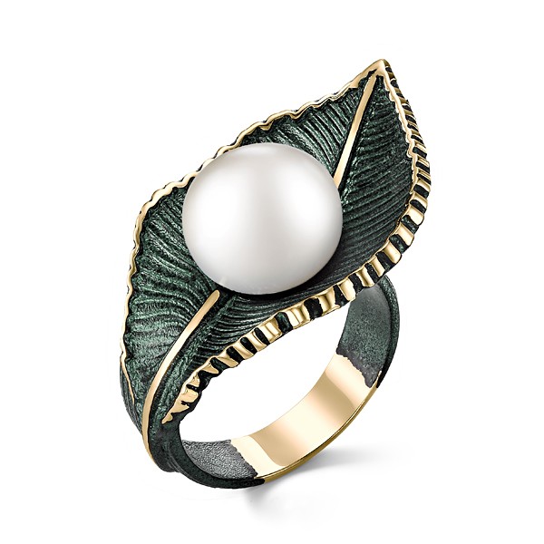 Кольцо из серебра с камнем Жемчуг, вставками эмали фото, цены