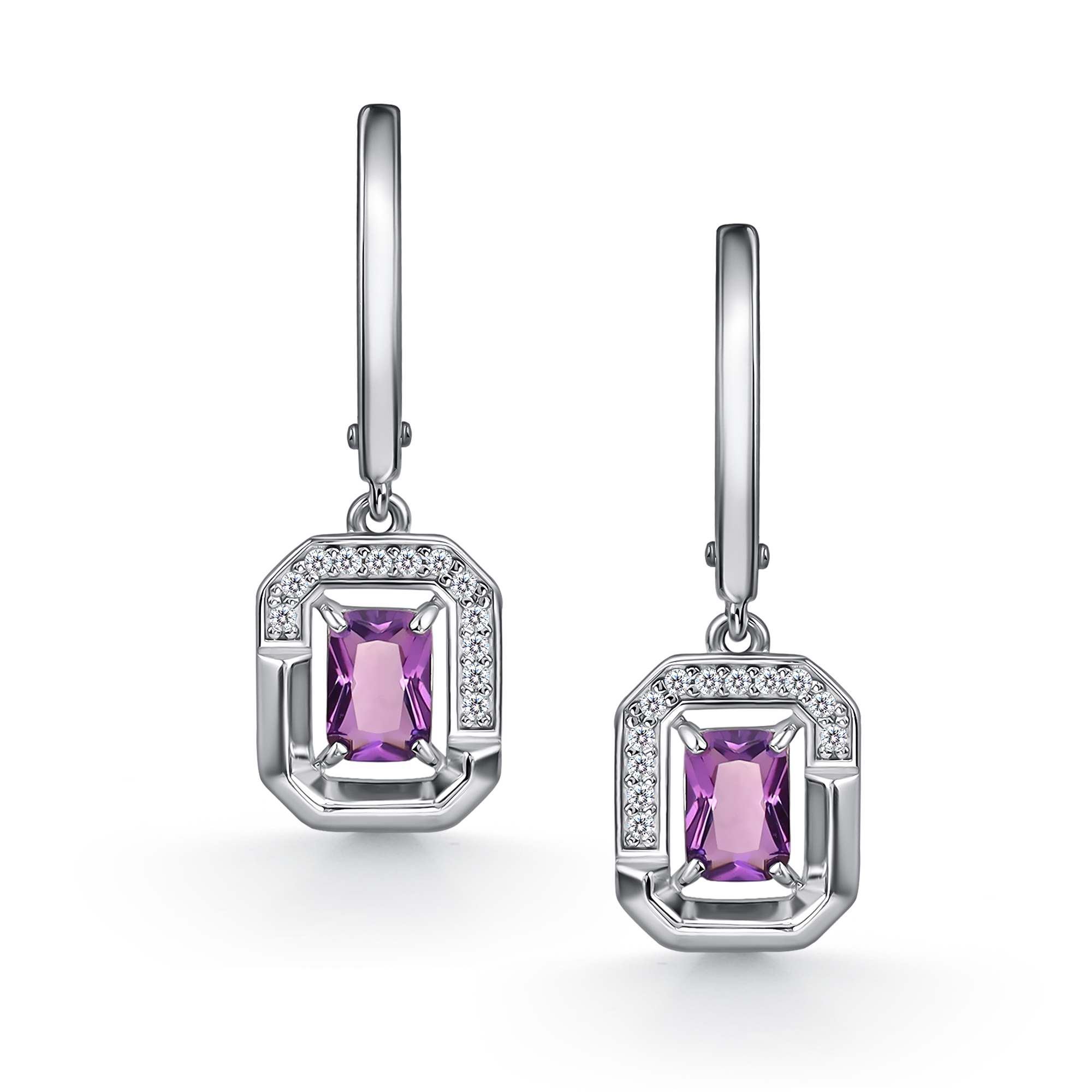 Серьги из серебра с камнем аметист, Фианит фото, цены