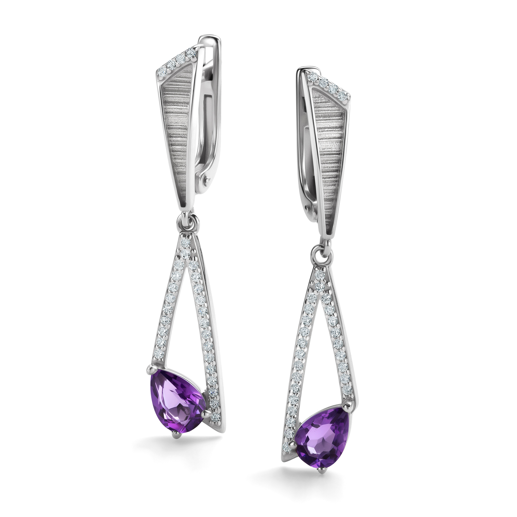 Серьги из серебра с камнем аметист, Фианит фото, цены