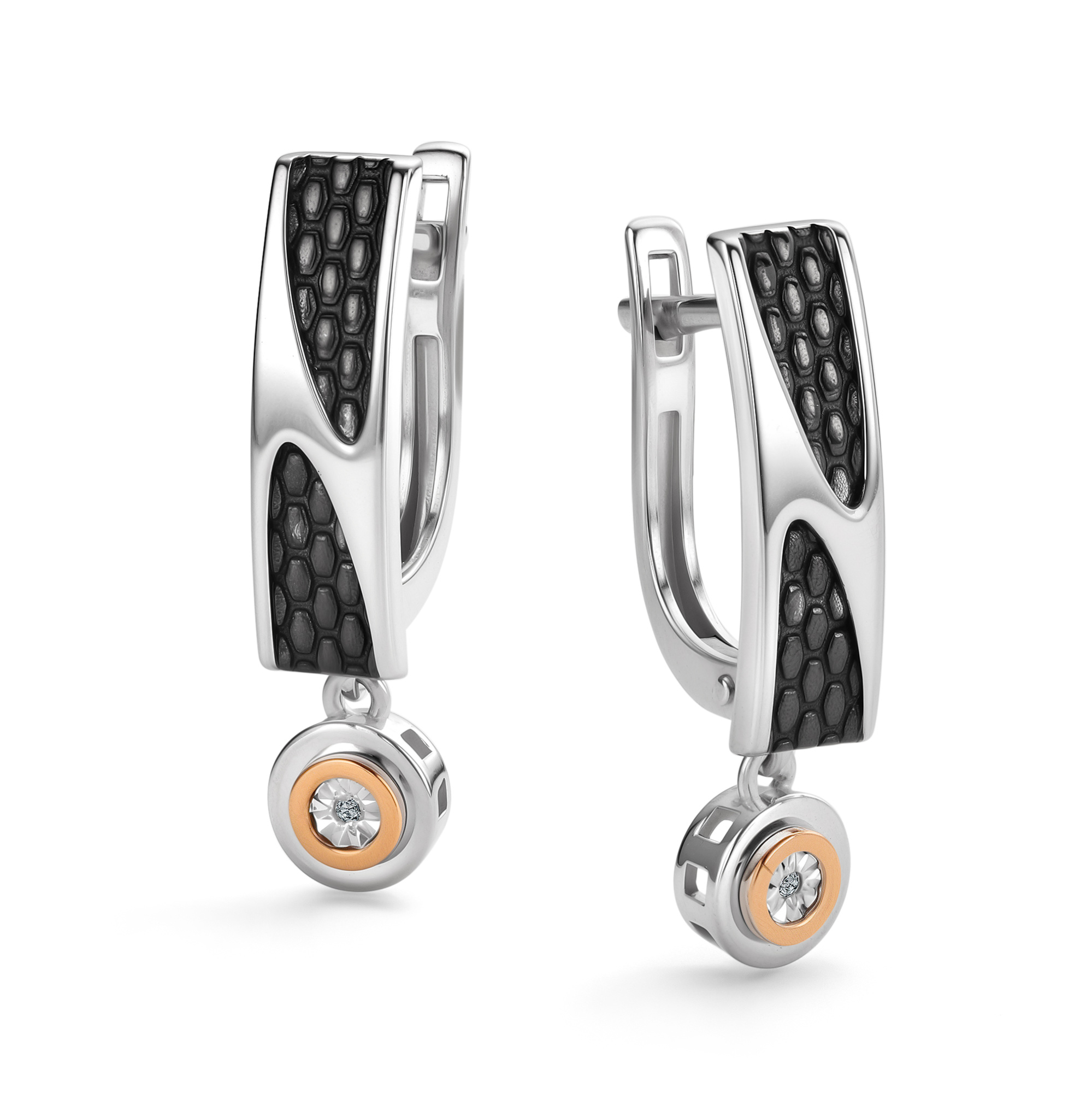 Серьги из серебра с камнем Бриллиант, вставками золота фото, цены