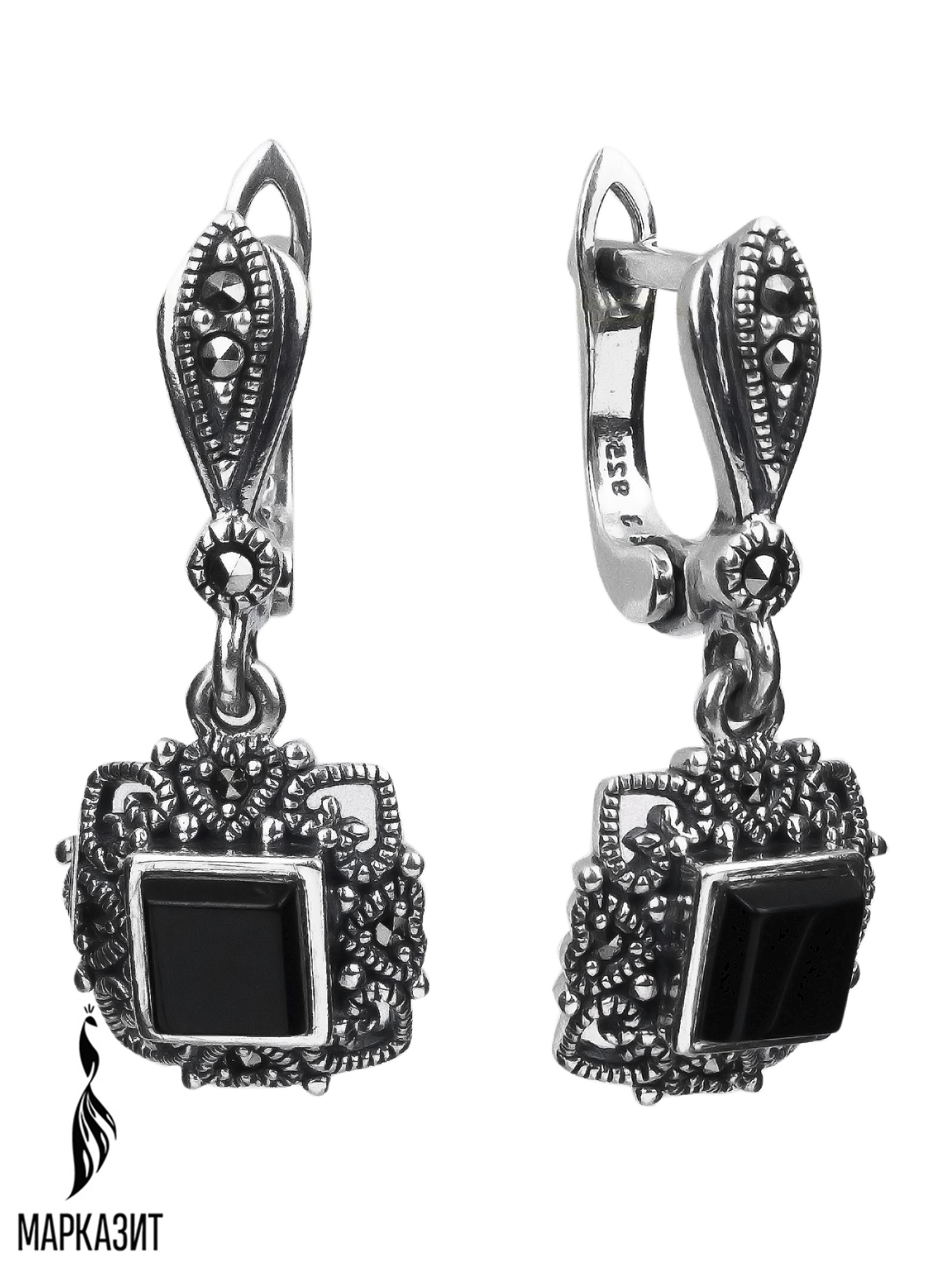 Серьги из серебра с камнем Оникс, Марказит фото, цены