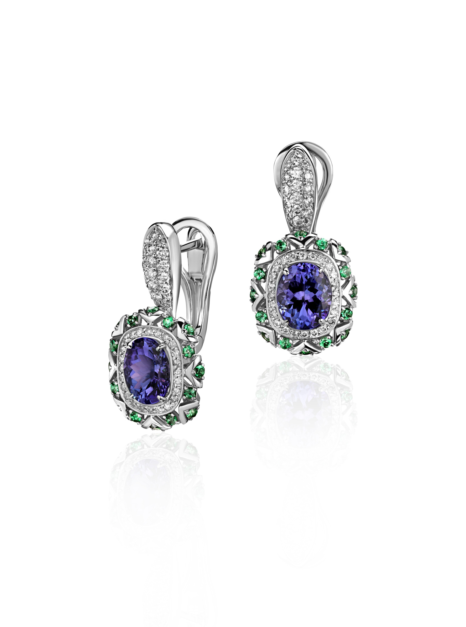 Серьги из золота с камнем Бриллиант, Танзанит, Тсаворит фото, цены