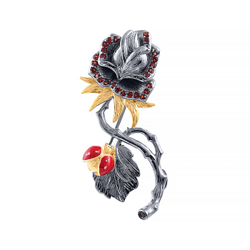 Брошь из серебра с камнем Гранат, вставками эмали фото, цены
